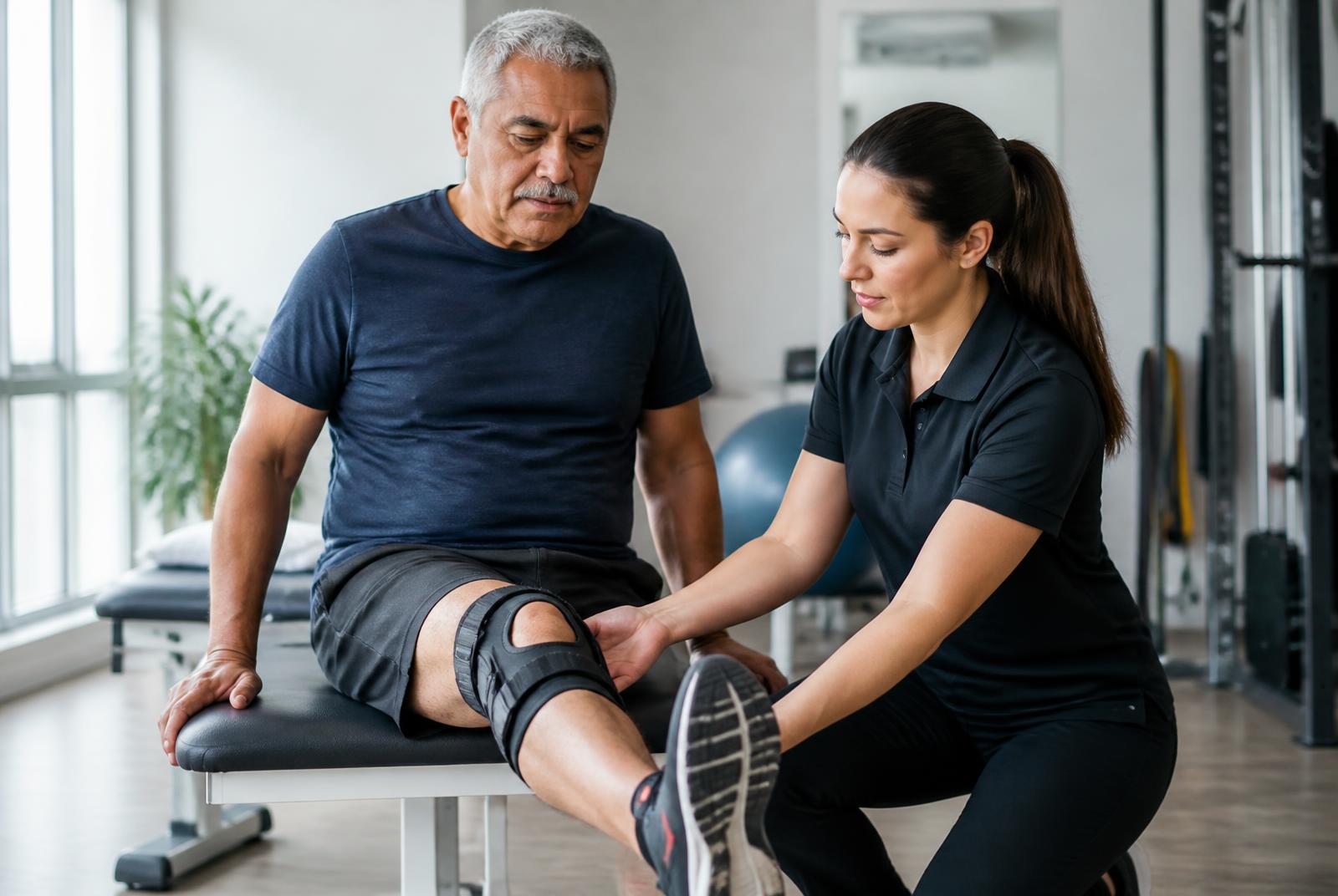 Physical therapist guiding a patient through a knee rehabilitation exercise in a clinic