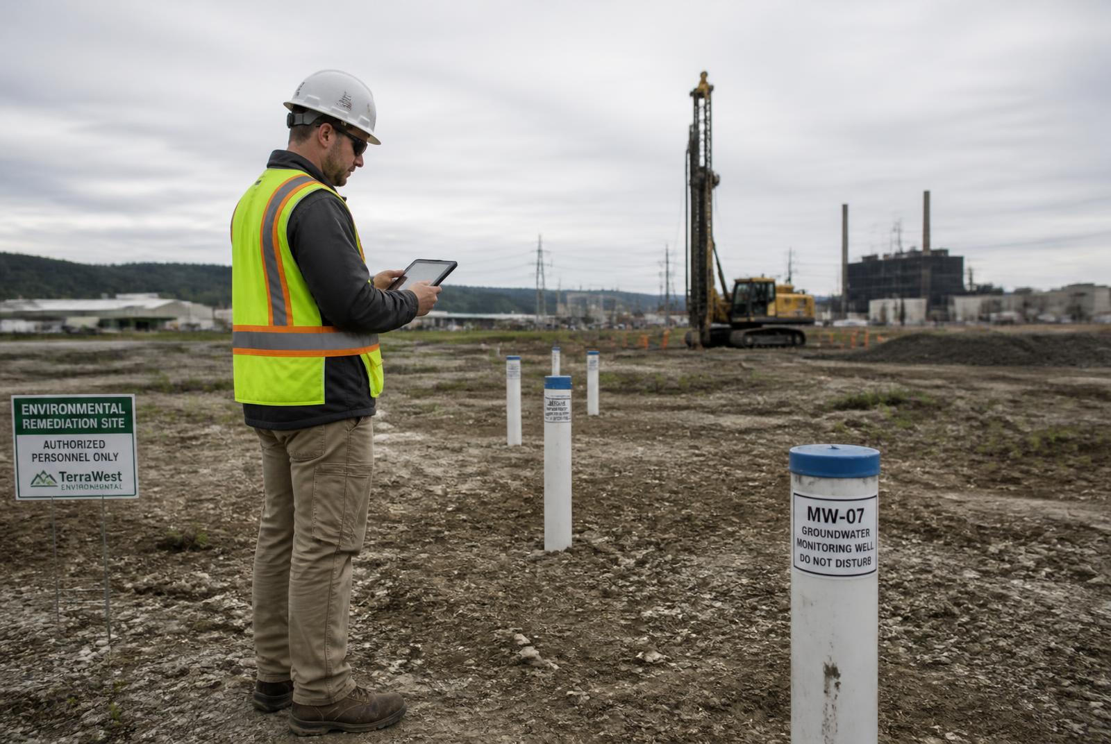 Field technician reviewing data on a tablet beside groundwater monitoring wells at a remediation site