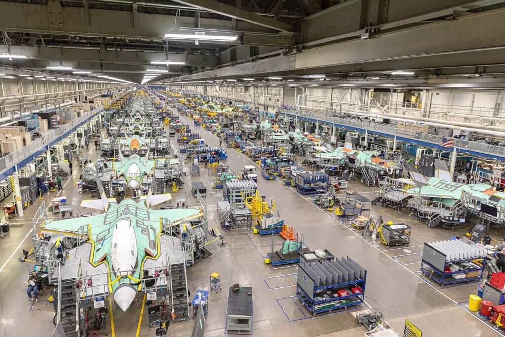 Aircraft production line inside an advanced aerospace manufacturing facility
