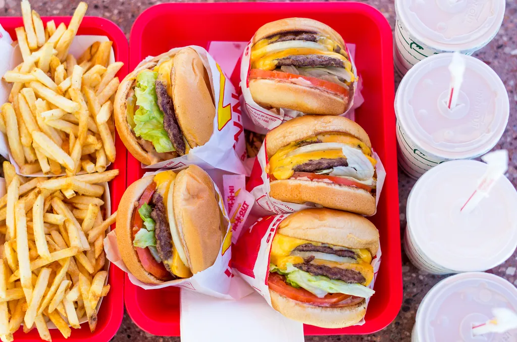 Tray of In-N-Out burgers, fries, and drinks