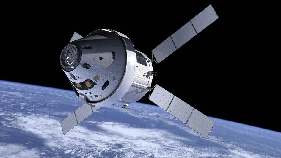 Orion spacecraft rendering in orbit above Earth