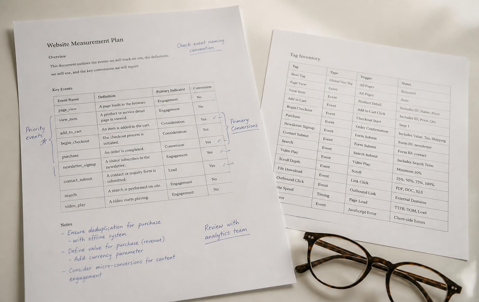 A printed website measurement plan annotated in blue ink, listing events and conversion definitions, beside a tag inventory sheet
