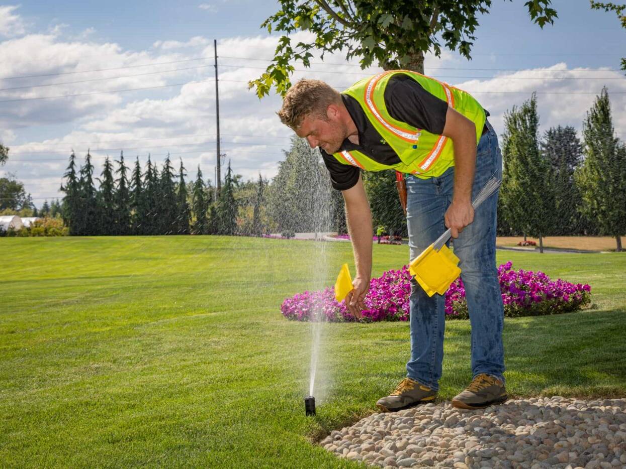 Irrigation technician in a safety vest checking a sprinkler head on a commercial lawn