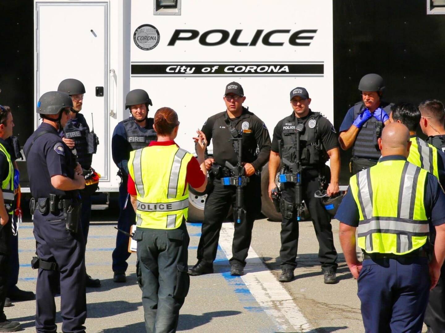 Corona police and fire personnel in a joint tactical training briefing