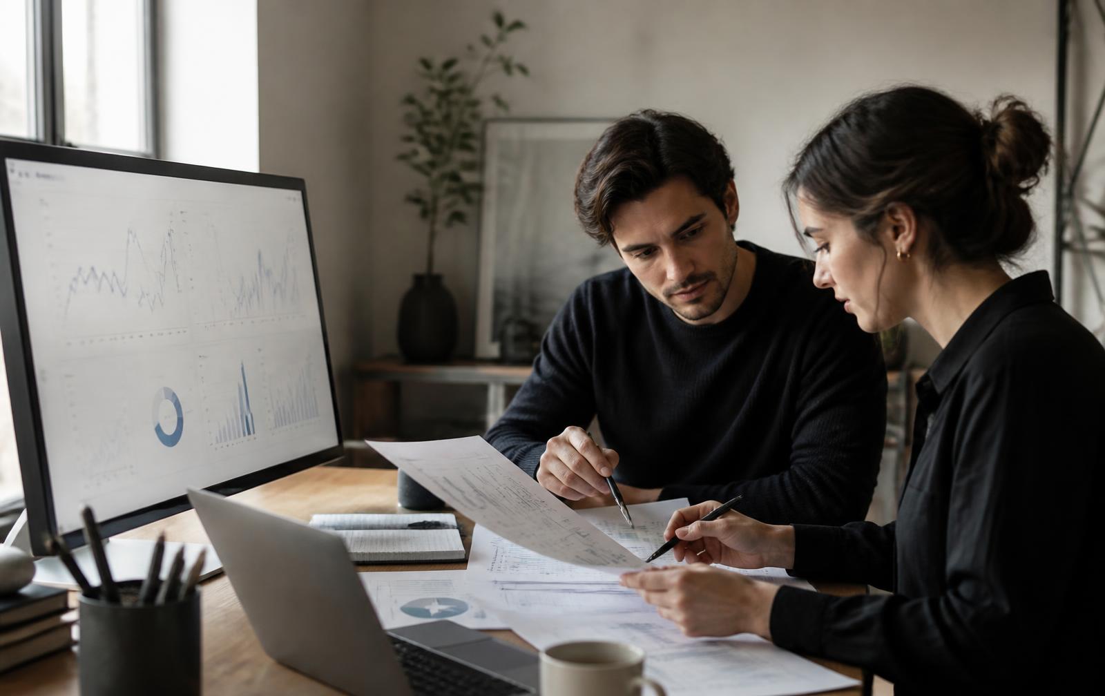 Two analysts reviewing printed performance charts against a dashboard in a studio office