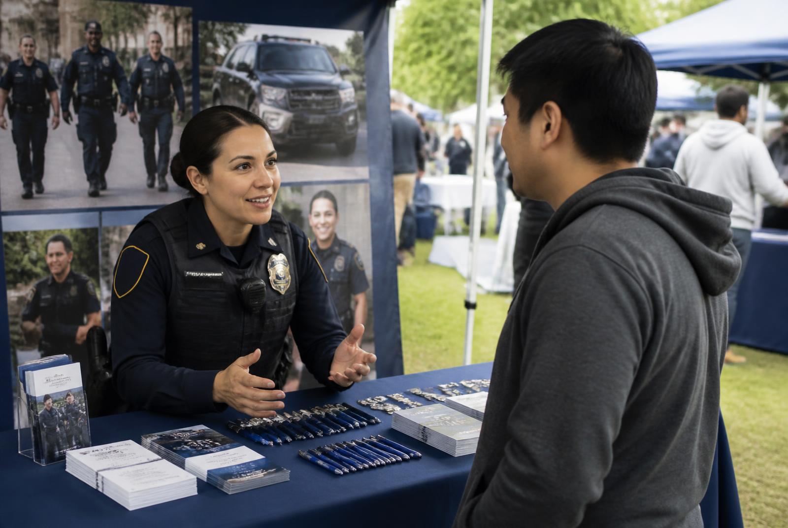 Uniformed officer talking with a prospective recruit at a community recruiting table