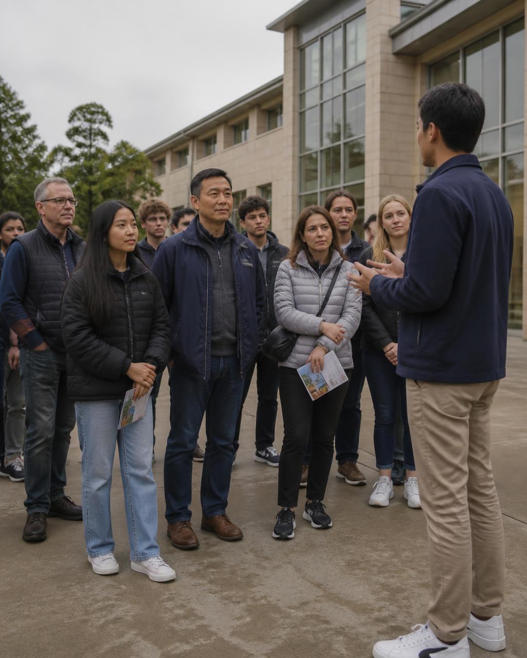 A campus tour group of prospective students and parents listening to a student guide