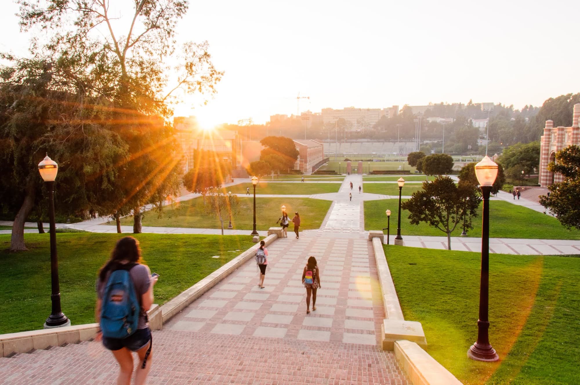 Students walking along a campus promenade at sunset