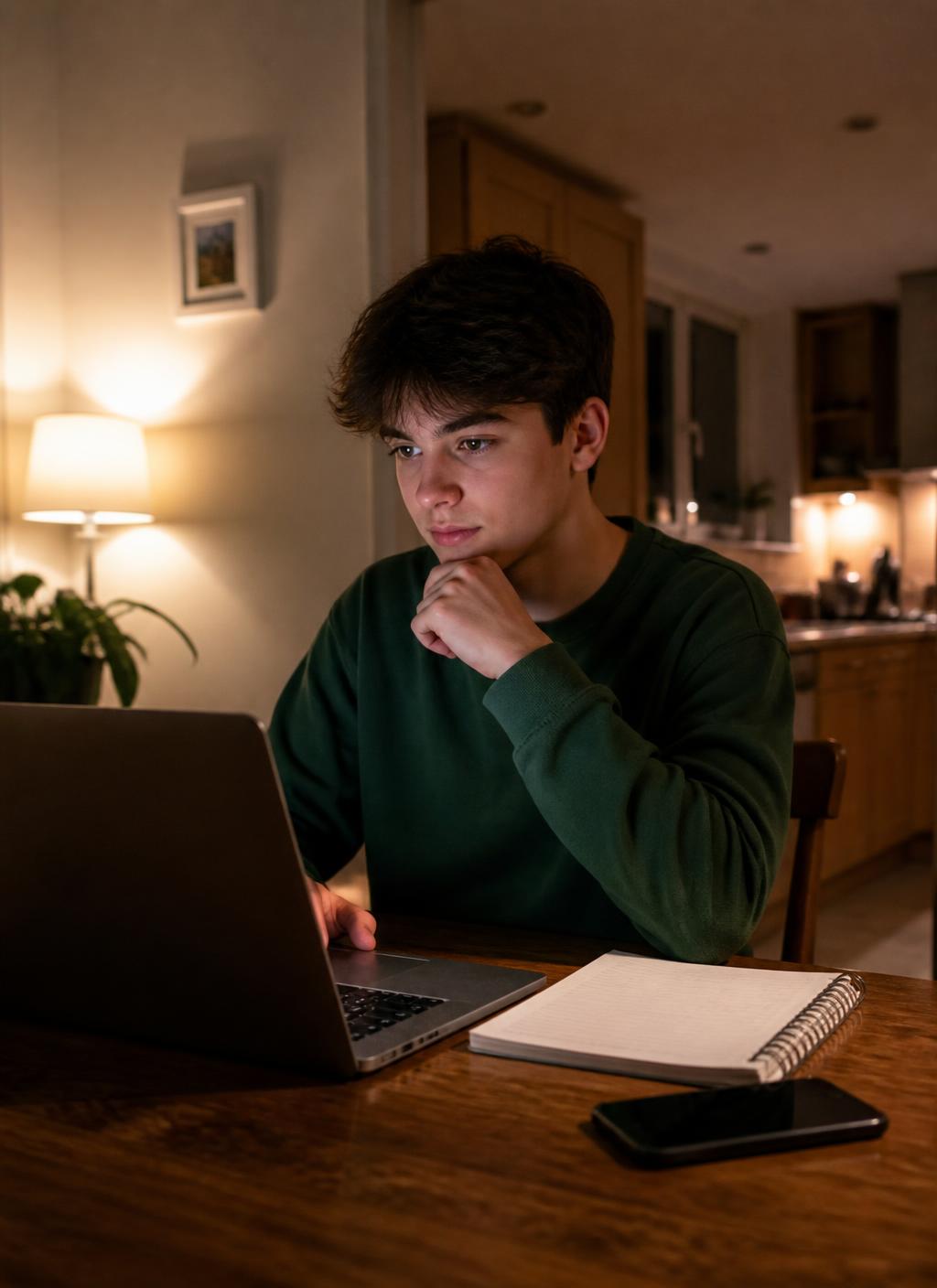 A prospective student comparing university programs on a laptop at home in the evening