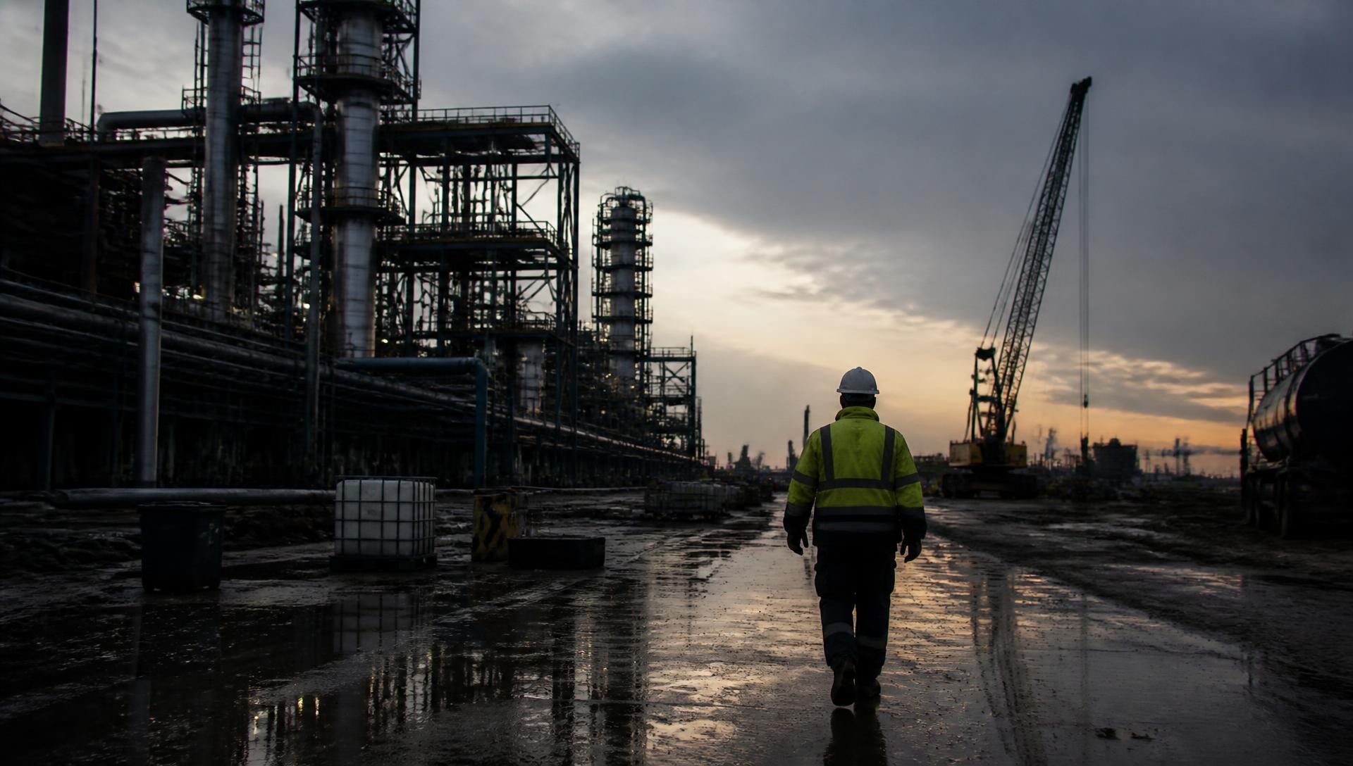 Industrial plant structures and pipe racks under an overcast sky
