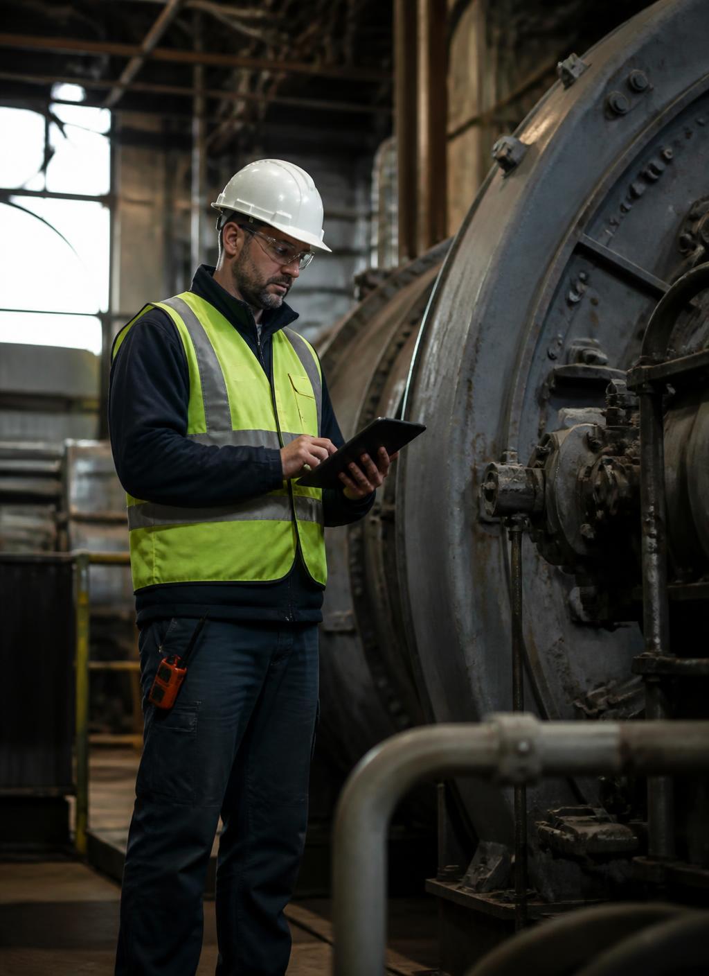 A maintenance supervisor in hard hat and hi-vis checking a tablet beside plant equipment