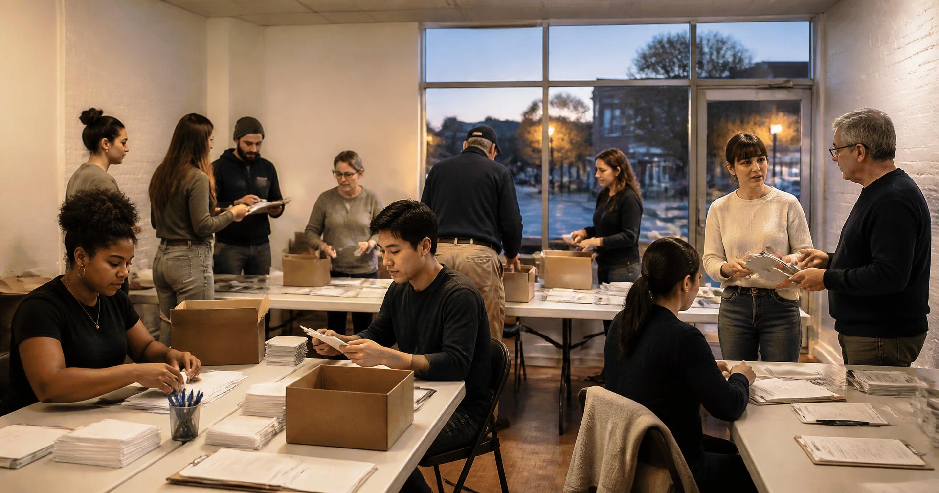 Volunteers preparing campaign materials at long tables in a storefront office at dusk