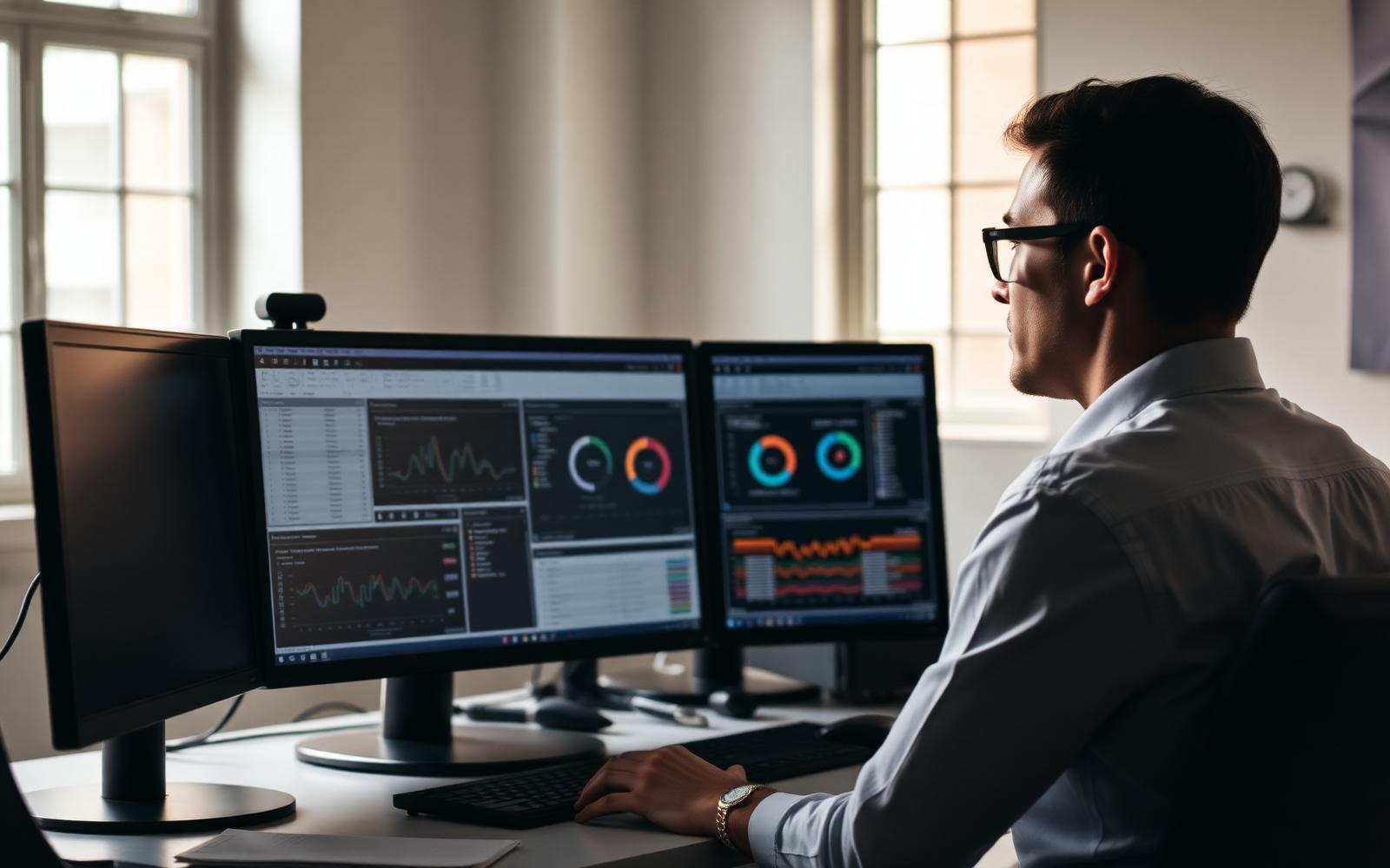 A product manager reviewing dashboards at a desk