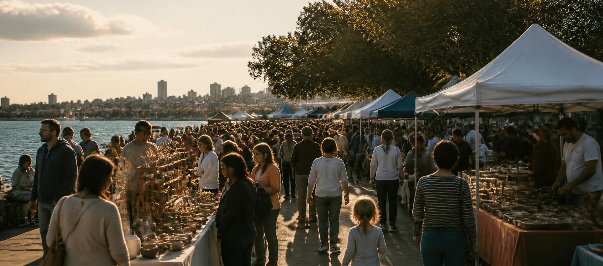 Visitors browsing an open-air waterfront market in late afternoon light