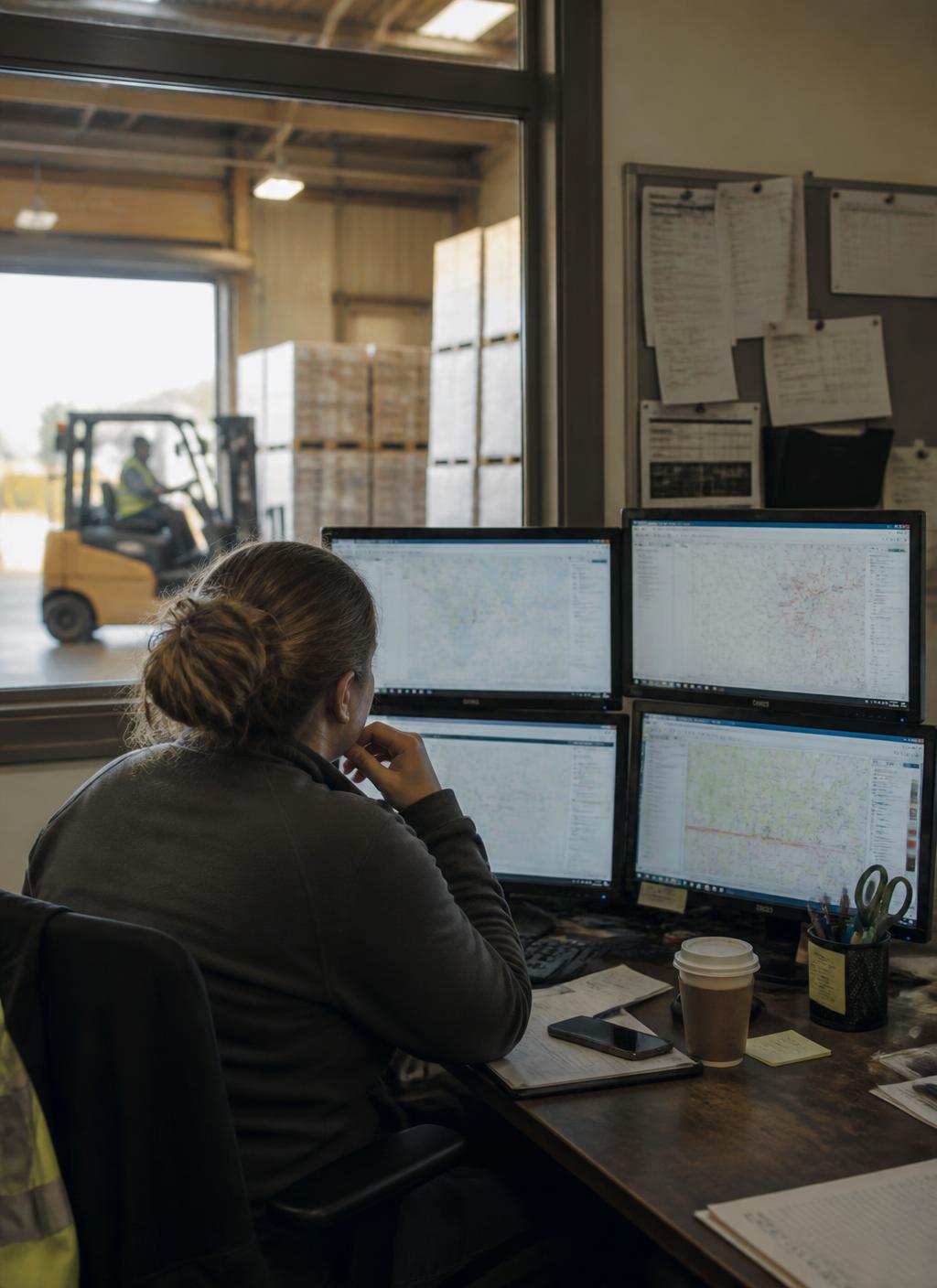 A dispatcher reviewing route boards on multiple screens in a warehouse operations office